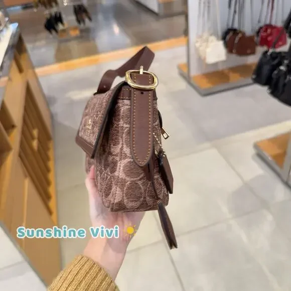 NWT Coach Etta Small Flap Shoulder Bag In Signature Chenille CCV65 Khaki/Vinta